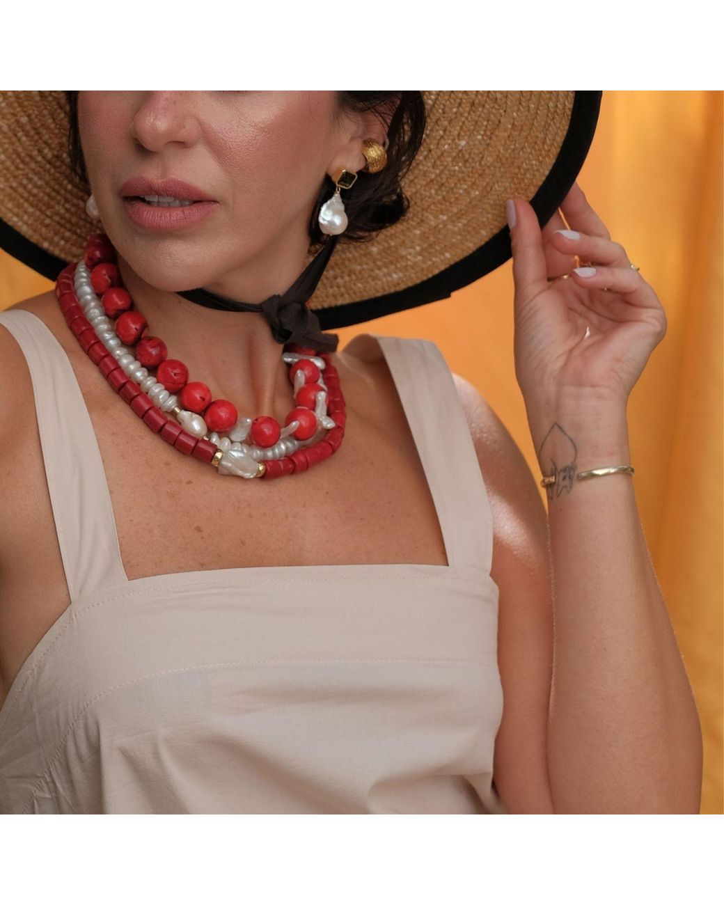 LINYA JEWELLERY Red Harmonia Baroque Pearl Coral Necklace