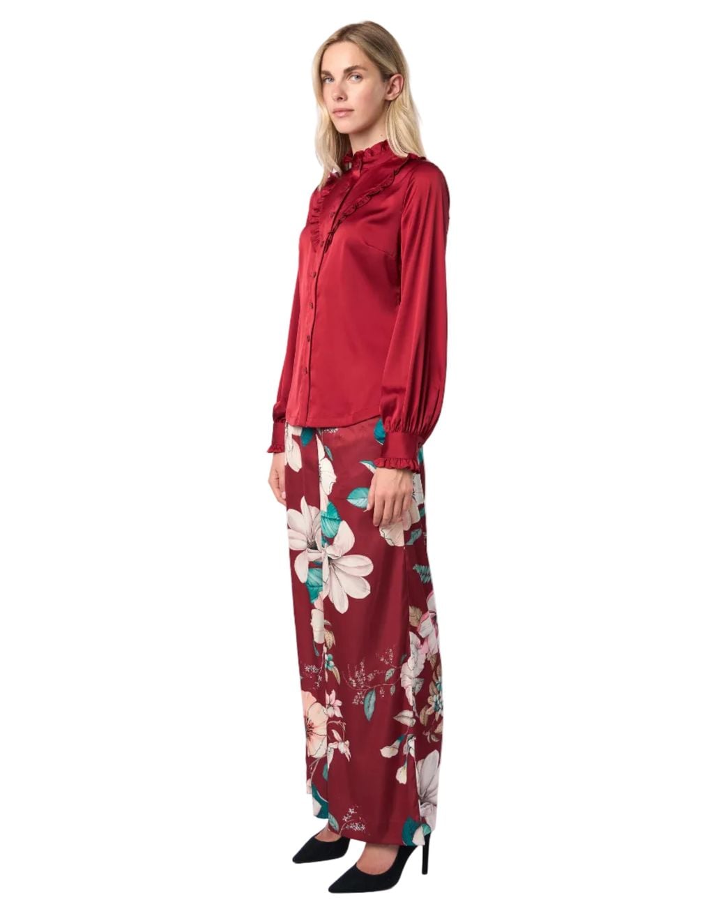 Carloslines Red Ruffle Stand Collar Long Sleeve Shirt