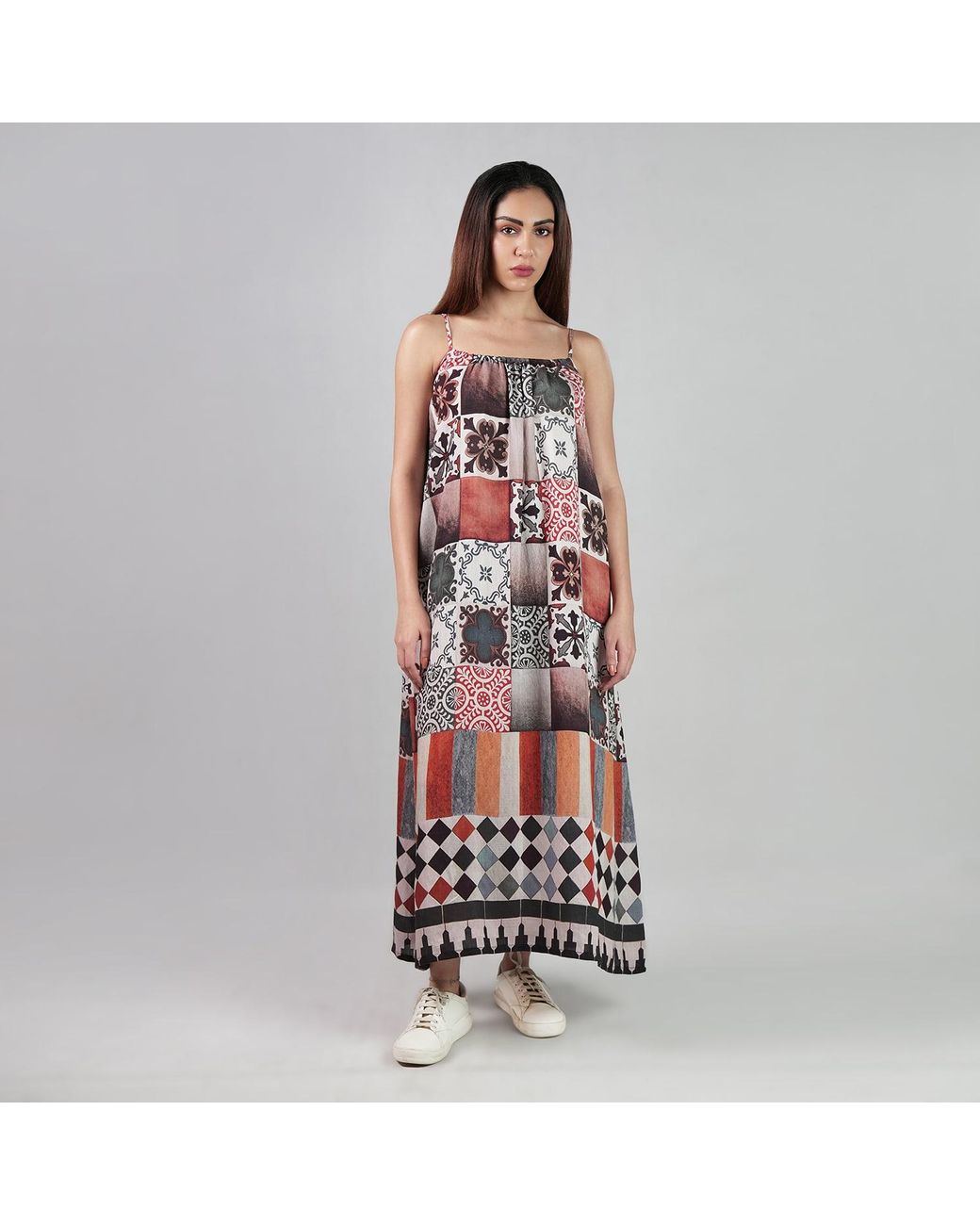 DHARA SHETH DUBAI Red Celestial Tesserae Mosaic Print Spaghetti Strap Cotton Maxi Dress