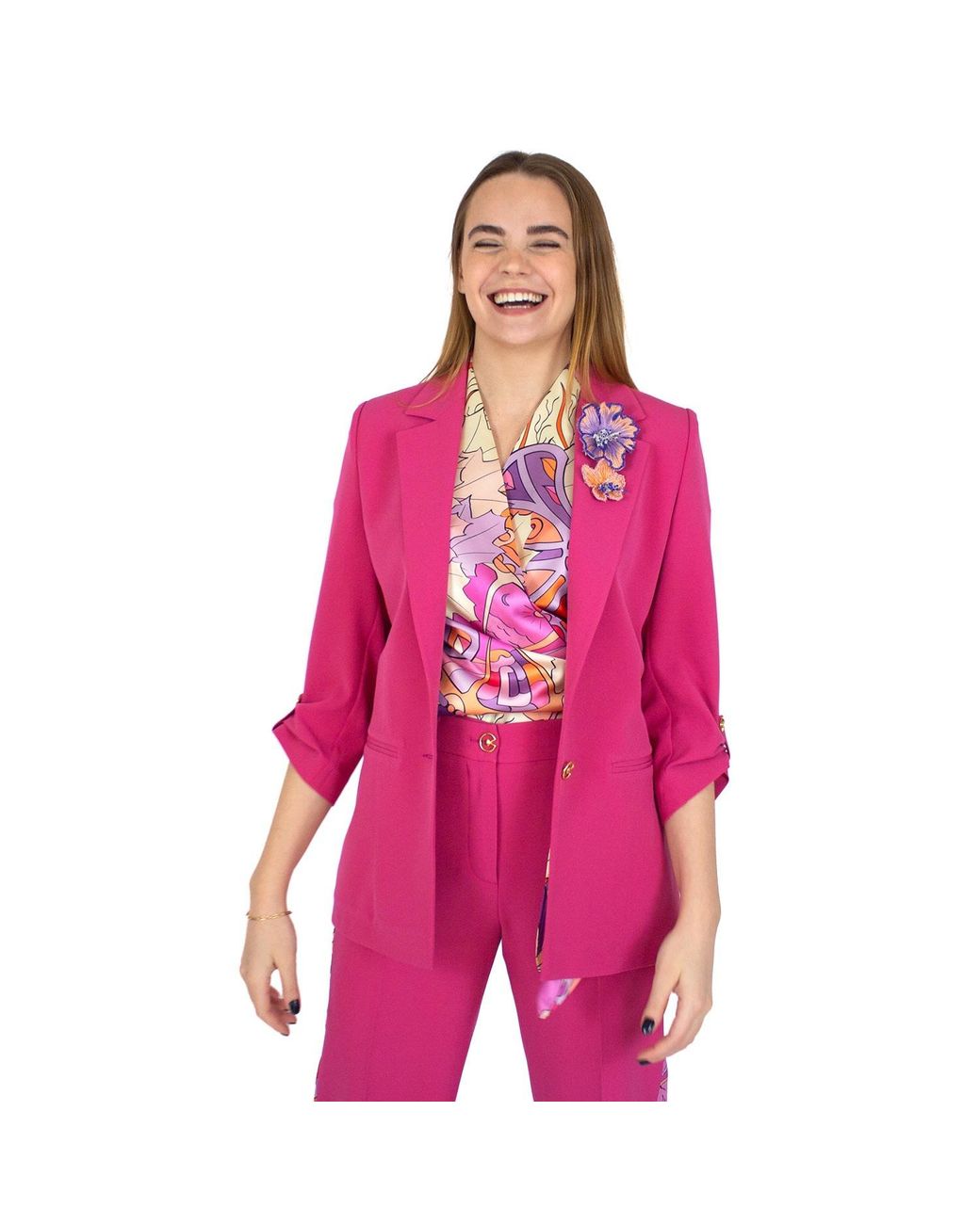 Lalipop Design Pink Draped Satin Double Breasted Abstract Print Blouse With Knitted Back