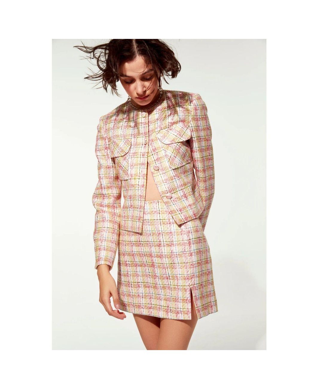 NAZLI CEREN Multicolor Vance Cotton Tweed A-Line Skirt