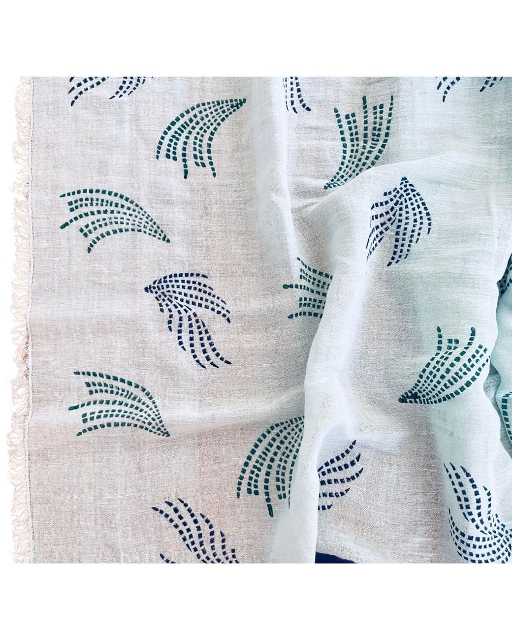 Heritagemoda Blue Peacock Grace – Handwoven Organic Cotton Linen Scarf With Handblock Print