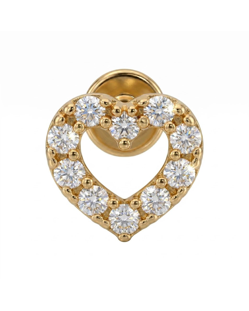 Zahav Jewelry Metallic 14K Solid 18G 8Mm Heart Round Cz Pave Internally Threaded Flat Back Stud