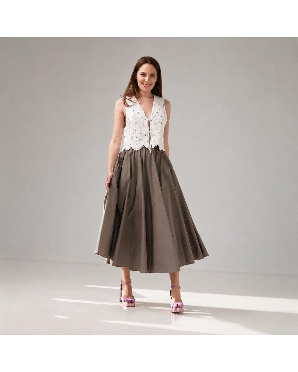 IZABELA MANDOIU Brown Elegant Chocolate Full Circle Midi Skirt With Elastic Waistband