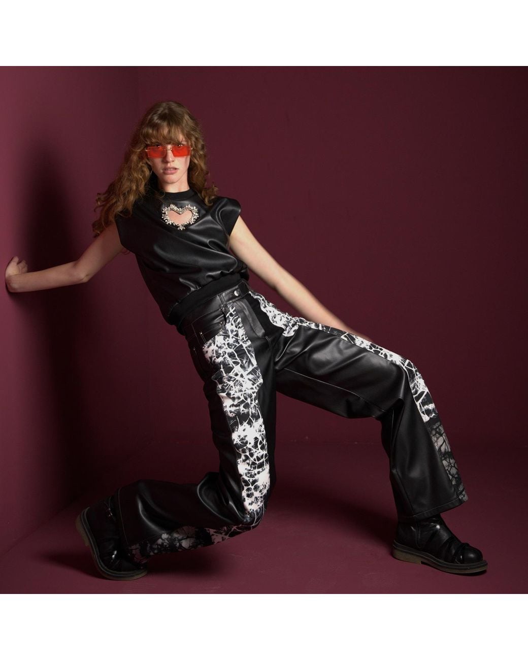 Lalipop Design Black Vegan Leather Blouse With Faux Crystal Embellished Laser Cut-Out Heart