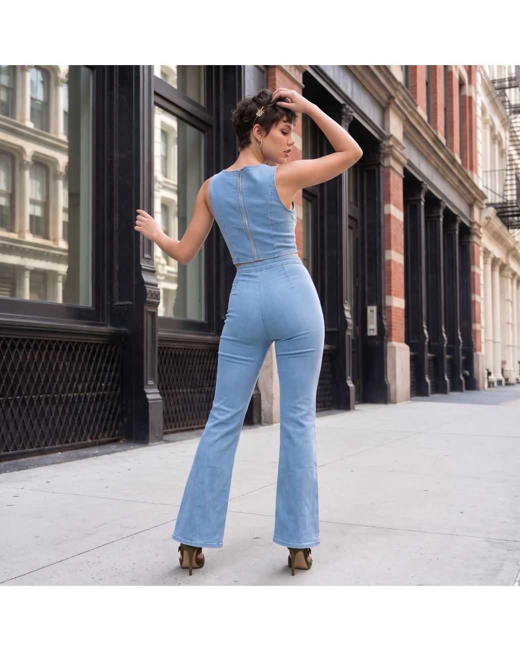 Modenaire Blue Tailored Denim Vest And Wide Leg Trouser Set