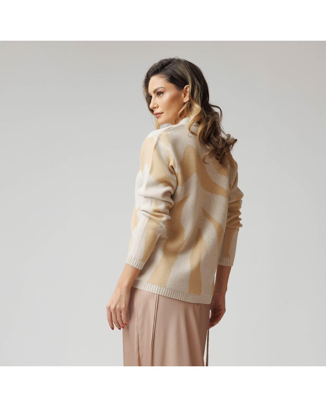 concept A trois Natural Neutrals Cream& Printed Cardigan With V Neckline, Knitted, With Crystal Buttons
