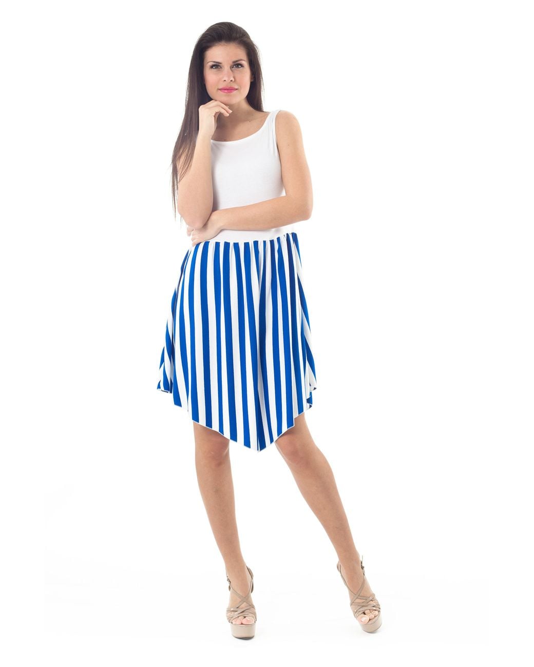 Conquista Blue Contrast Fabric Sleeveless Striped Dress