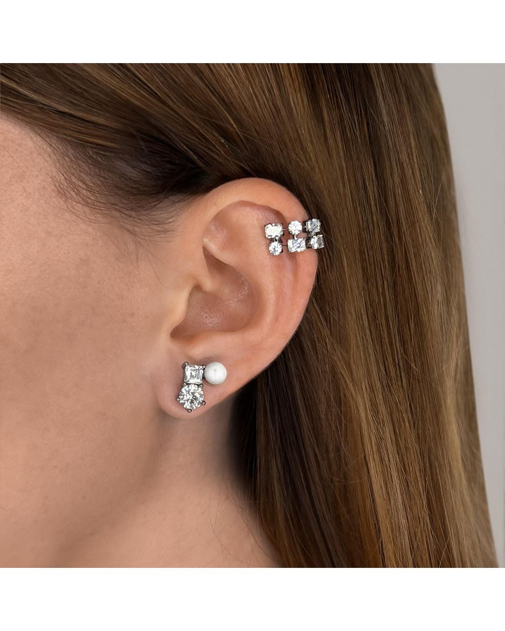 SALLY SKOUFIS White Eclipse Stud Earrings With Natural Pearls & Made Cz Diamond Stimulant