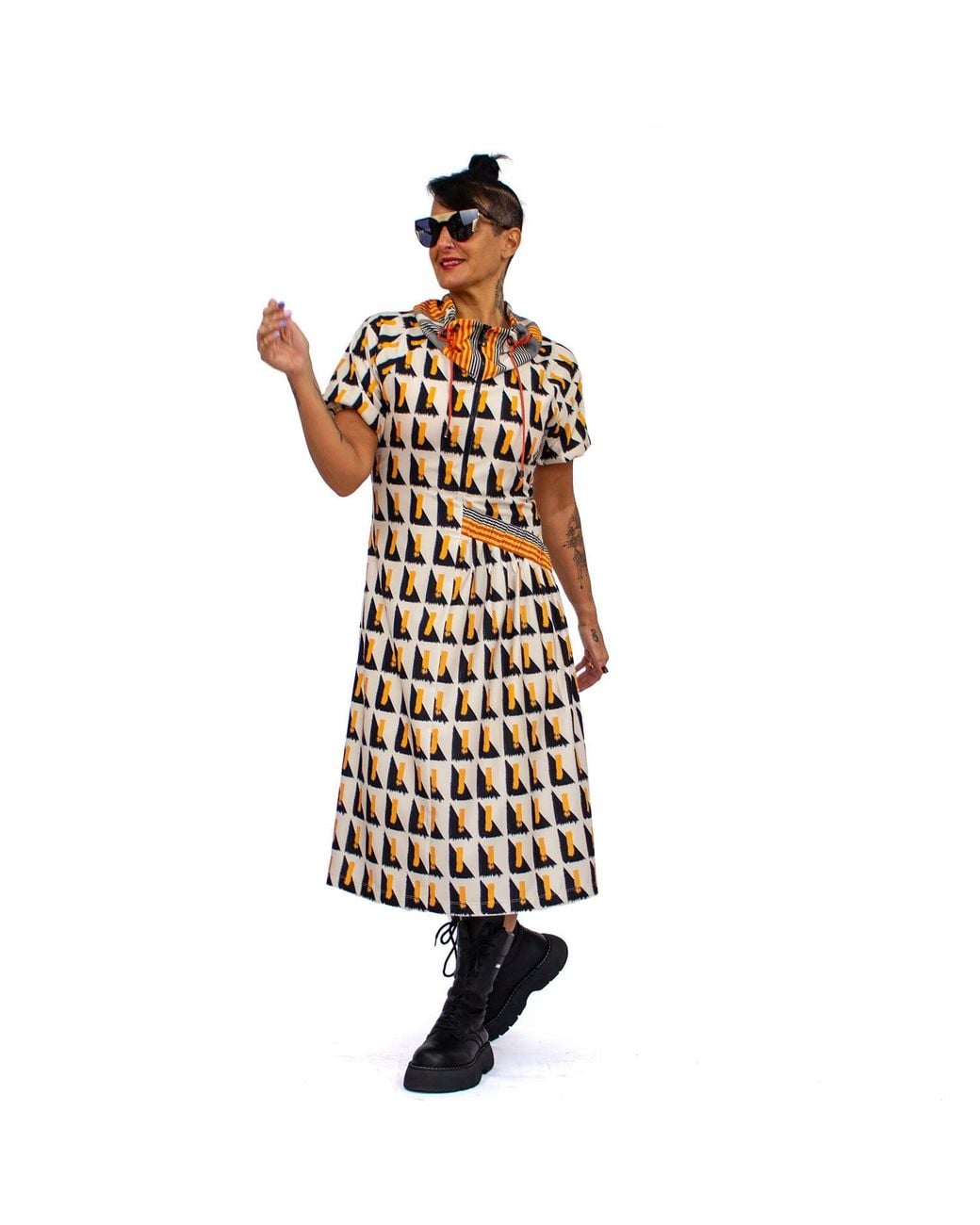 Lalipop Design Multicolor Geometric Print Midi Dress With Puff Sleeve