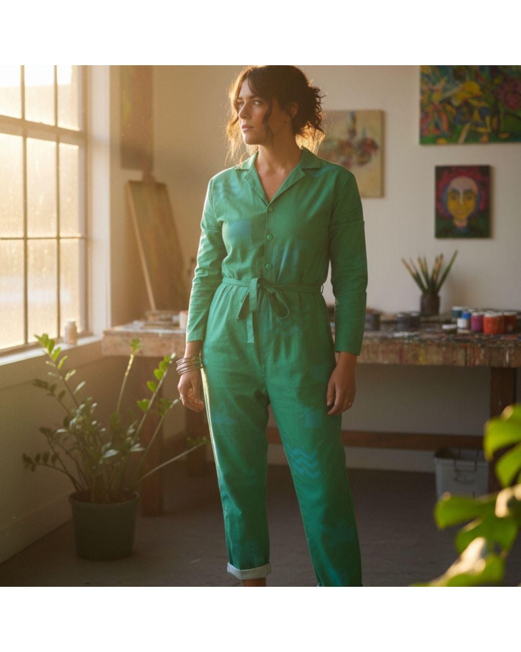 Wild Clouds Green Organic Cotton & Linen Jumpsuit