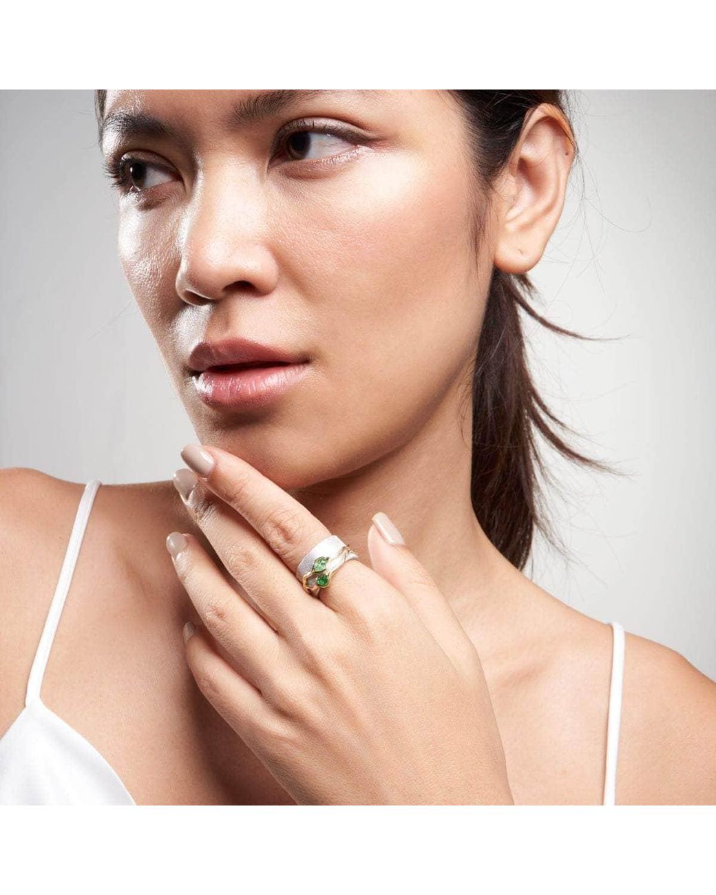 German Kabirski Green Vissa And Rhodium Plated Ring With Raw Tsavorite