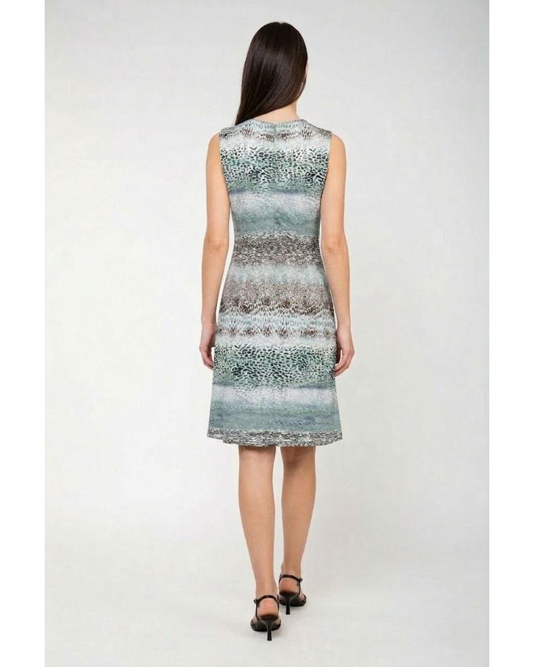 Conquista Blue Elegant V-Neck Printed Midi Dress With Flowing Silhouette