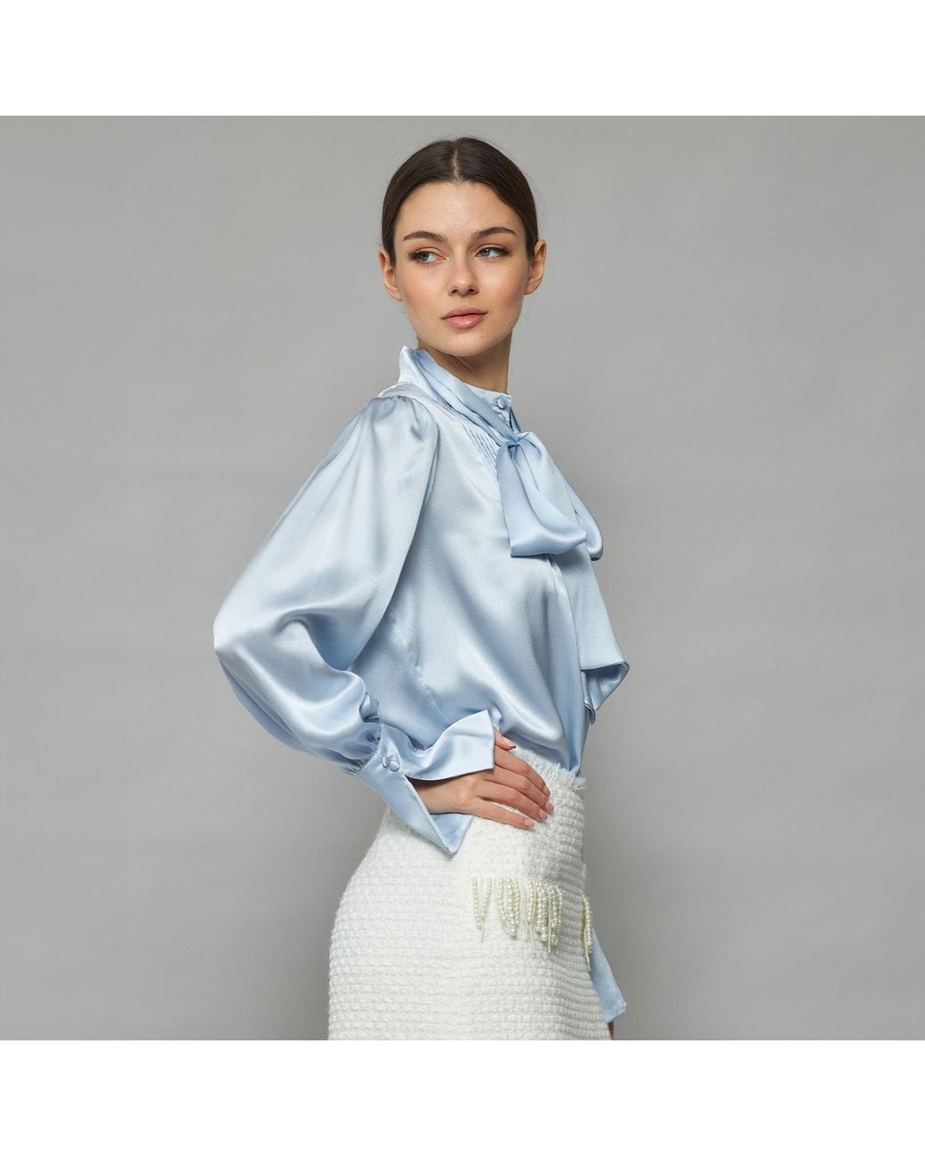 Solgo Atelier Blue Phaius Bow Tie Silk Charmeuse Blouse