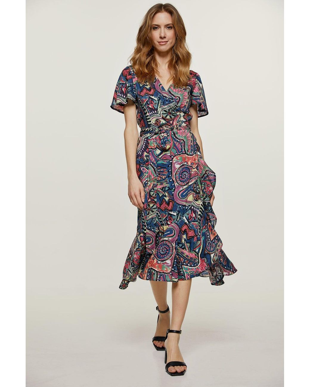 Conquista Blue Print Ruffle Detail Wrap Dress