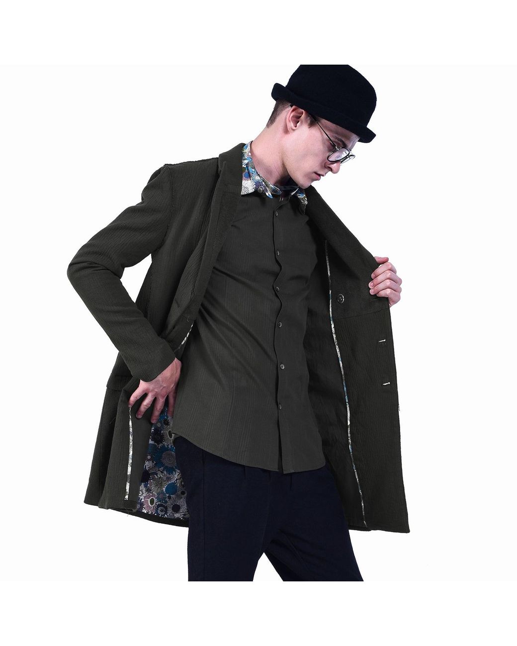 Smart and Joy Green Double-Breasted Long Coat With Printed Lining for men