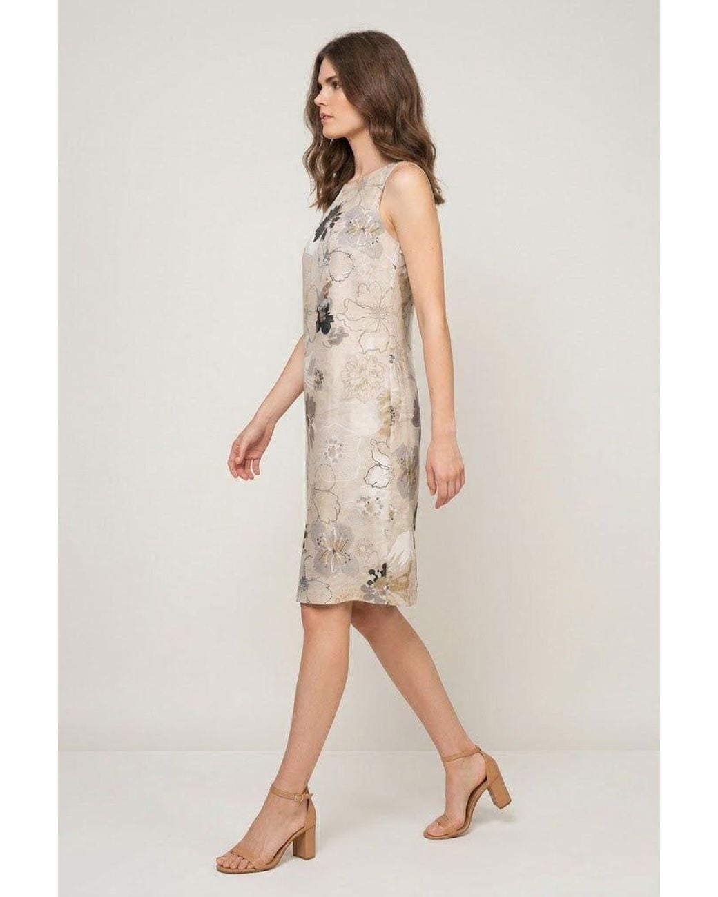 Conquista White Neutrals Floral Print Cotton Poplin Dress With Hidden Side Zipper