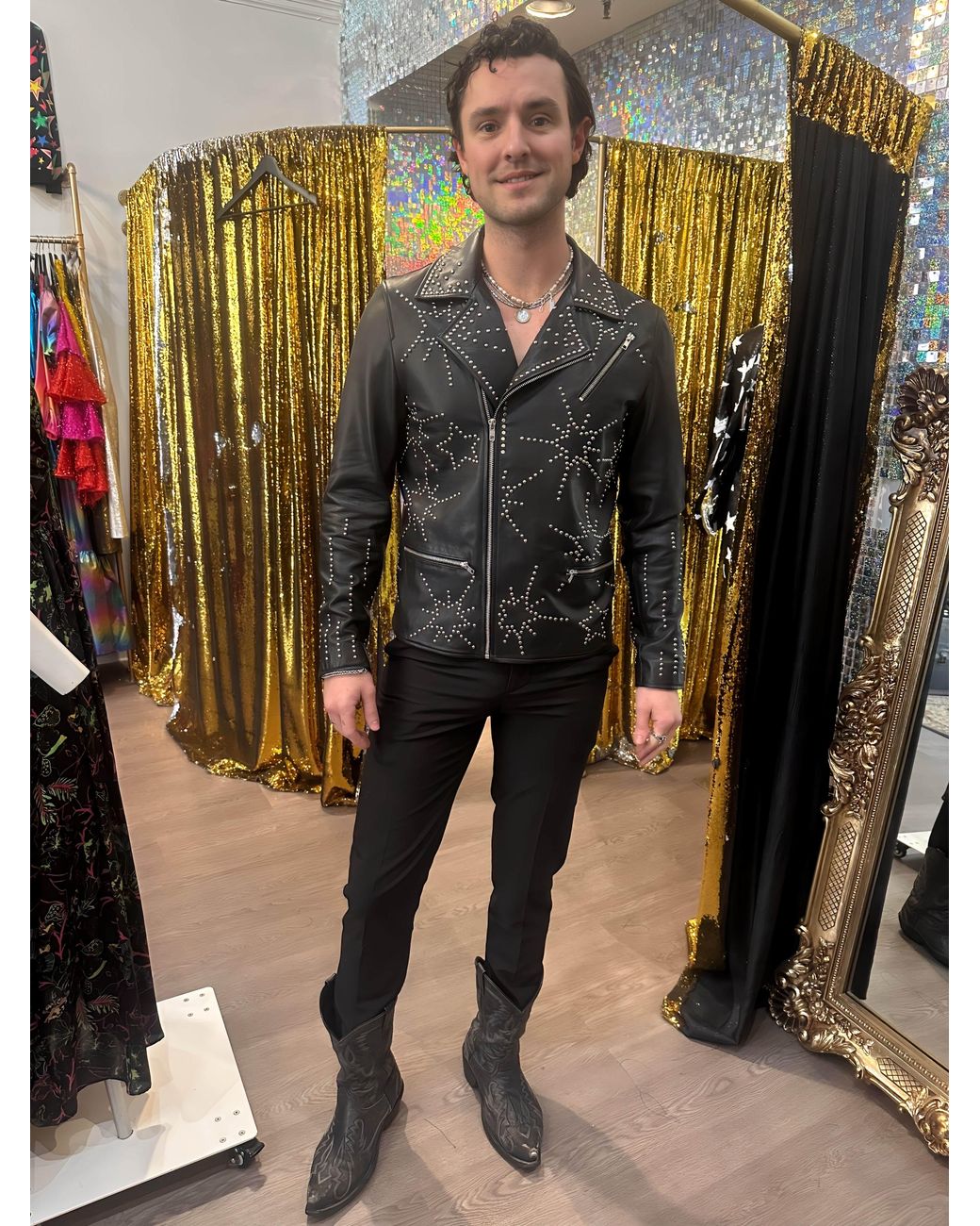 Any Old Iron Black Studded Starburst Leather Jacket for men