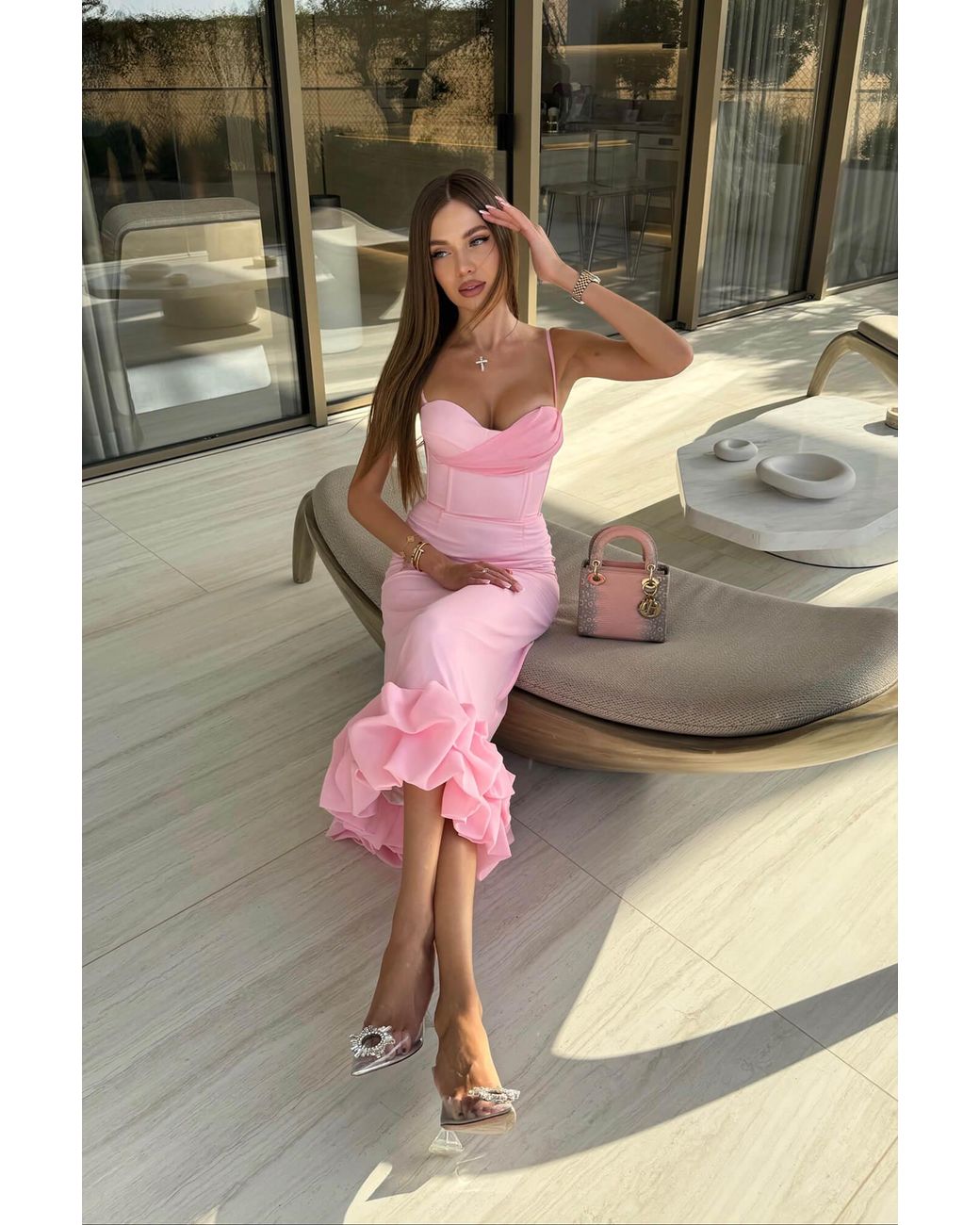POST MERIDIEM Pink Misty Rose Draped Bodice Bottom Flounced Bustier Dress