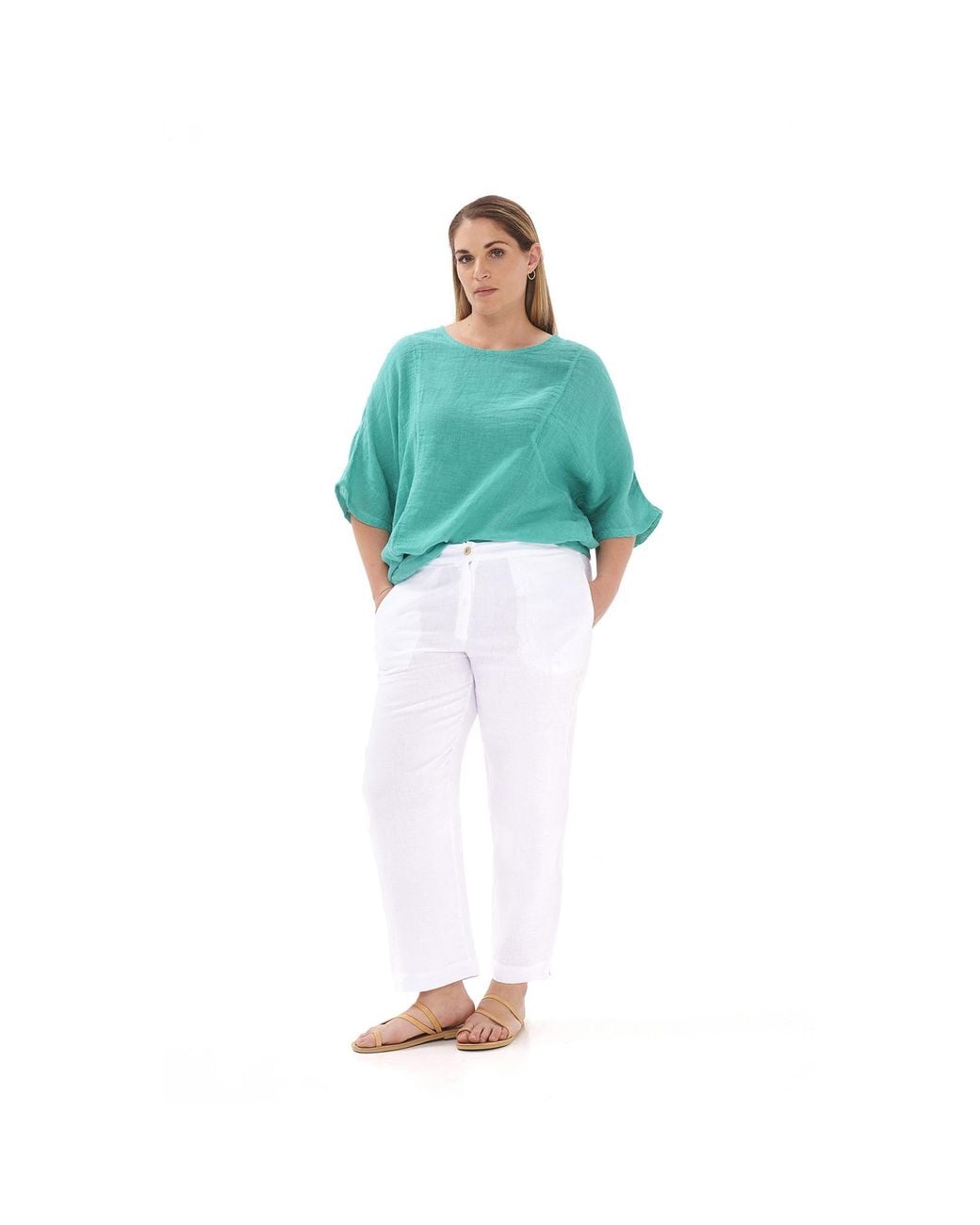 Haris Cotton Blue Front Pocket Curve Linen Gauze Blouse With Batwing Sleeve Ocean Air