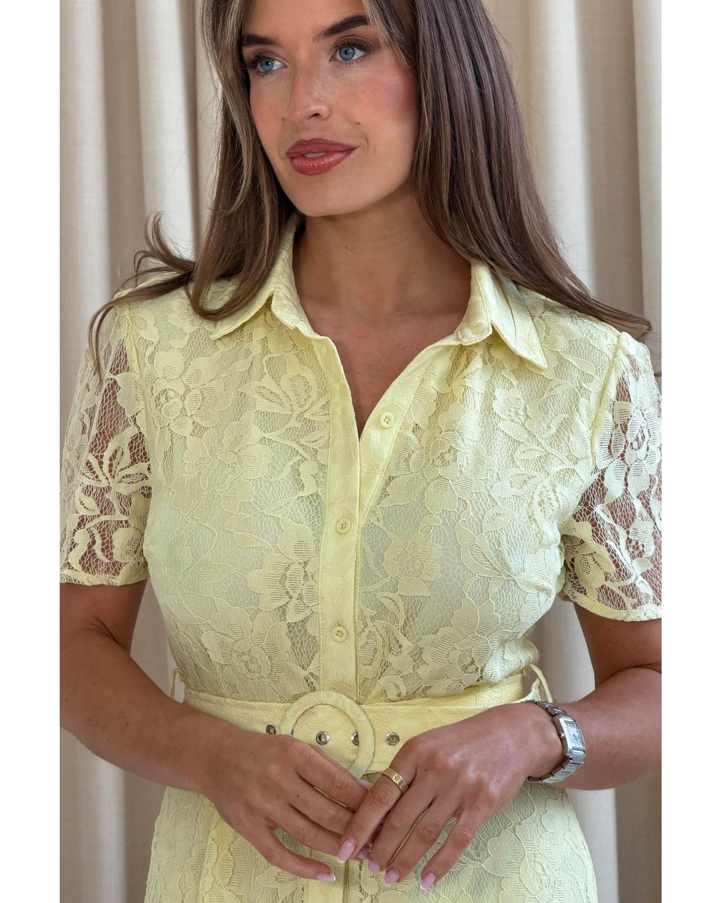 Girl In Mind Yellow Tansy Short Sleeve Lace Shirt Dress