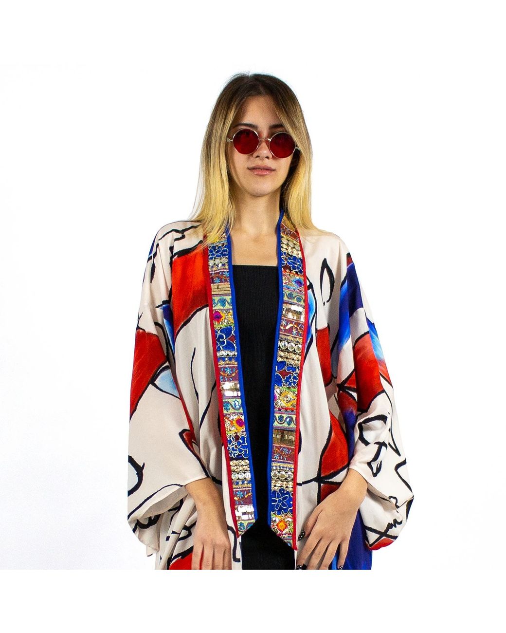 Lalipop Design Red Abstract Viscose Kimono Embellished With Embroidery Details