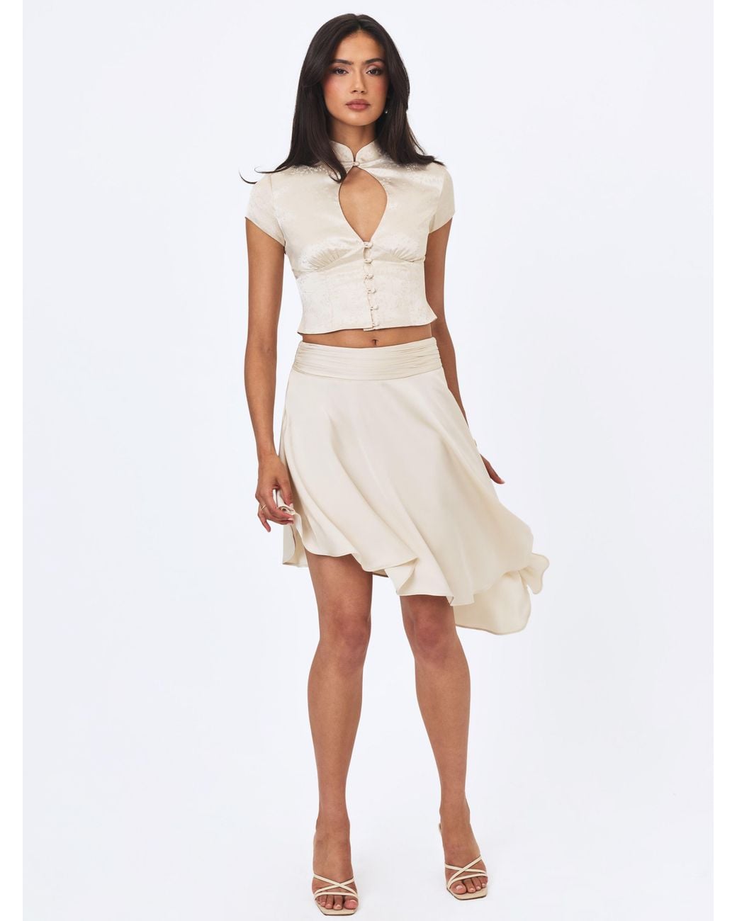 Miss Circle New York White Galilea Ivory Floral Jacquard Keyhole Mandarin Collar Top