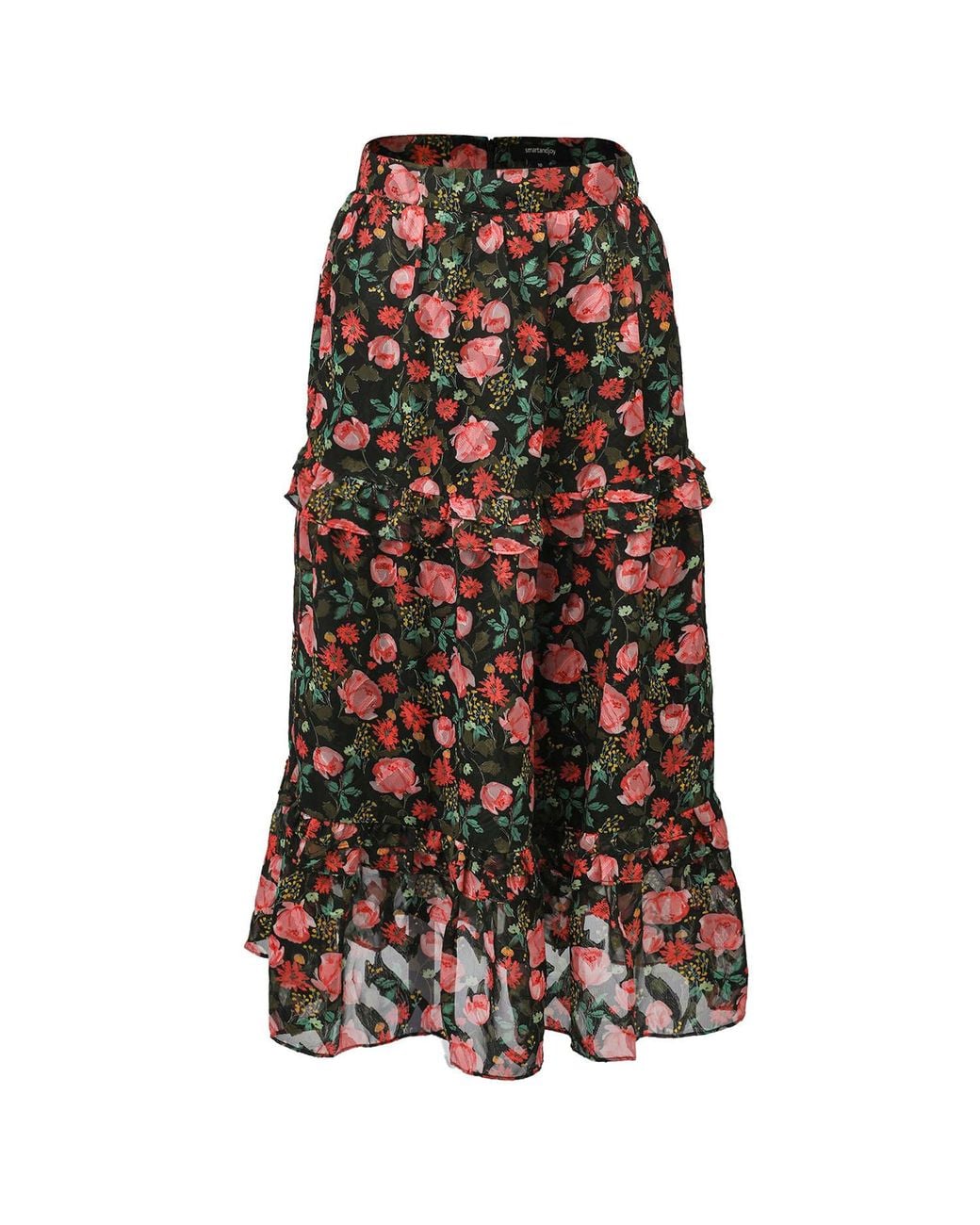 Smart and Joy Black Flower Print Tiered Ruffles Midi Skirt
