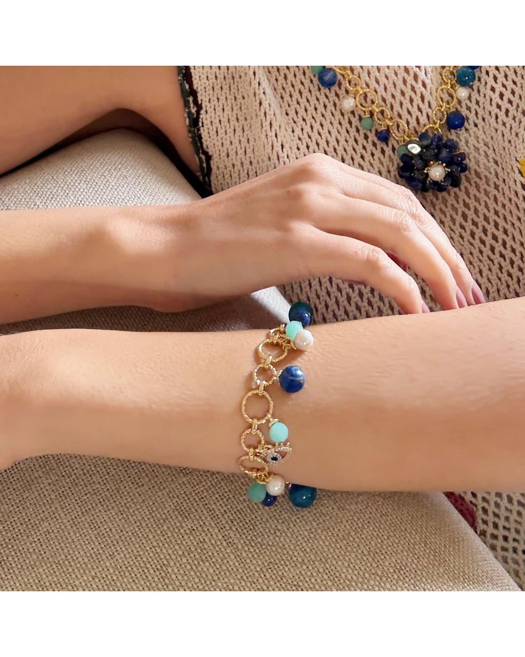 Farra Blue Lapis Lazuli Amazonite And Pearl Turkish Evil Eye Charm Bracelet