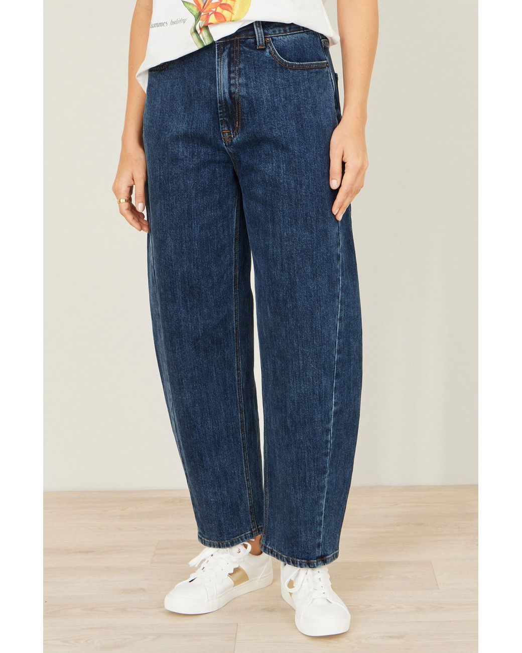 Yumi' Blue Denim Barrel Relaxed Fit Jeans