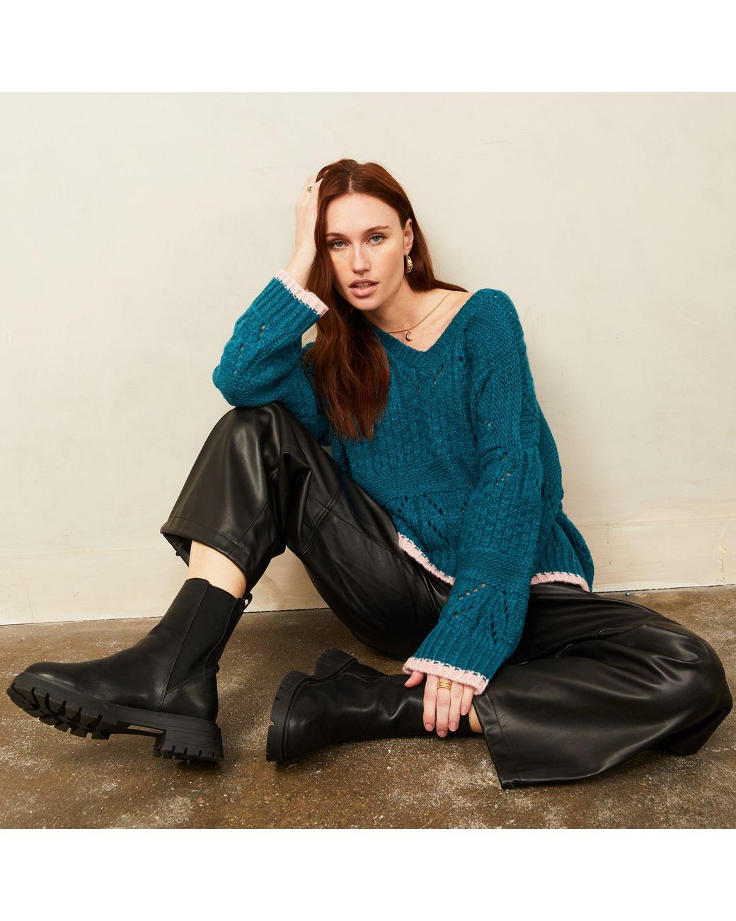 Cara & The Sky Blue Zoe Pointelle V Neck Wide Sleeve Jumper