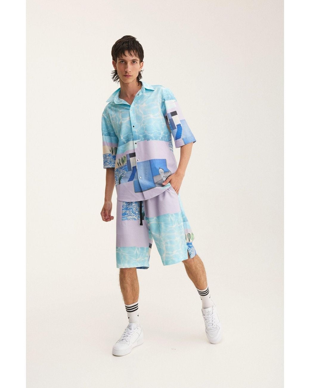 mysimplicated Blue Short Sleeve Shirt And Bermuda Set With Water Design for men