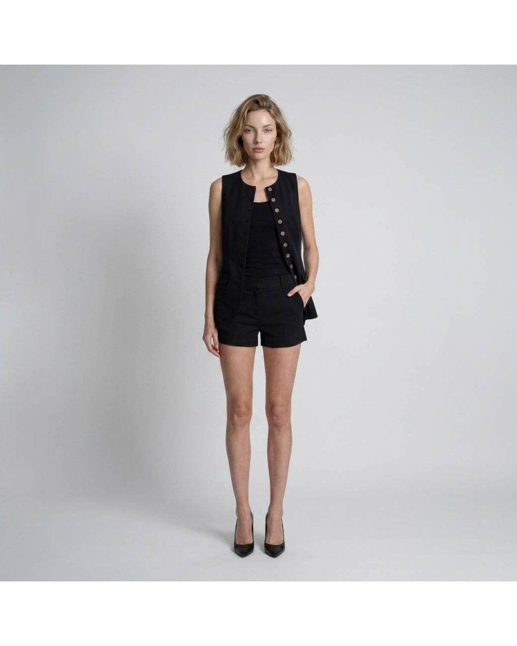 Modenaire Blue Longline Vest Structured Button Front