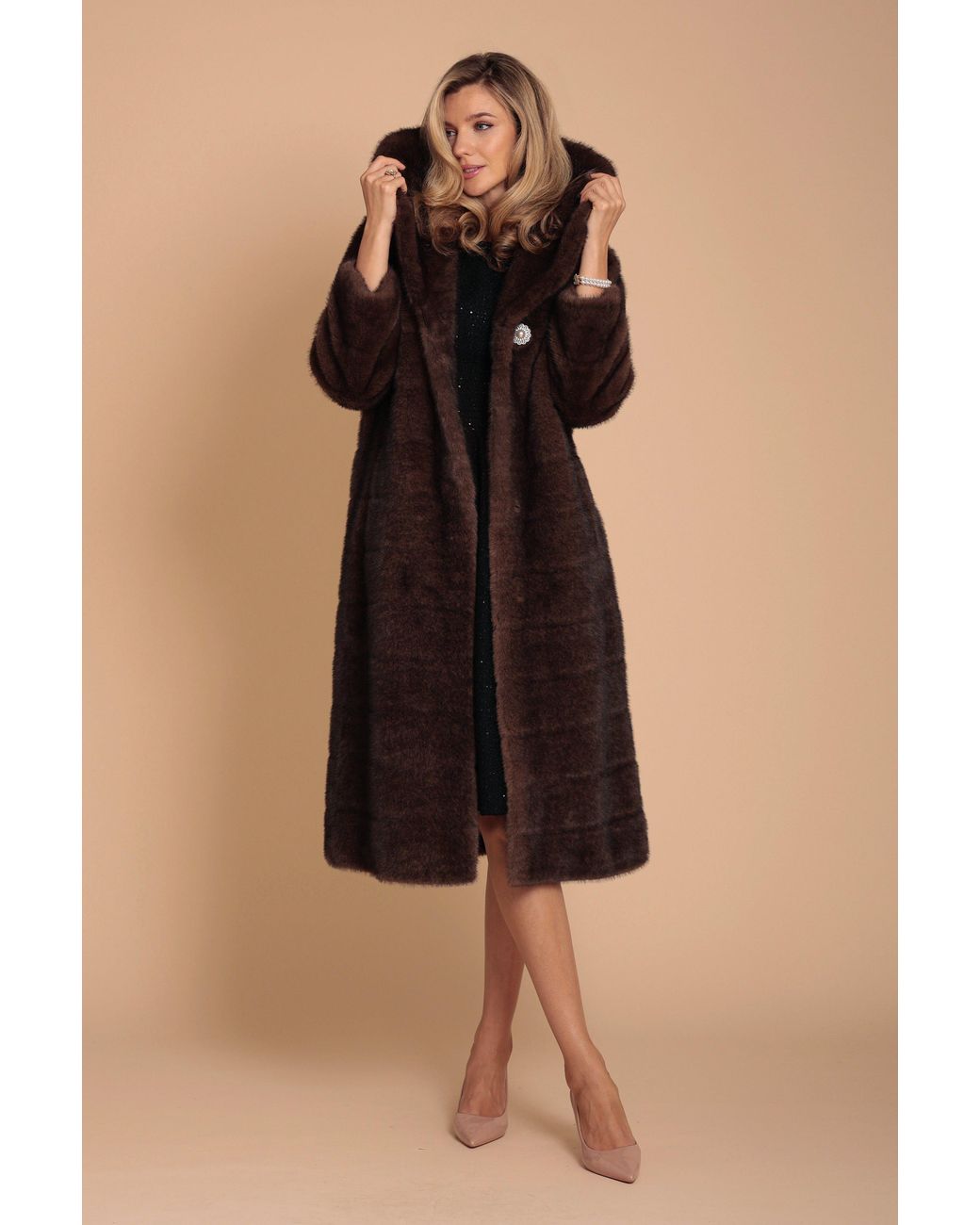 Santinni Brown Hollywood Full-Length Faux Fur Coat