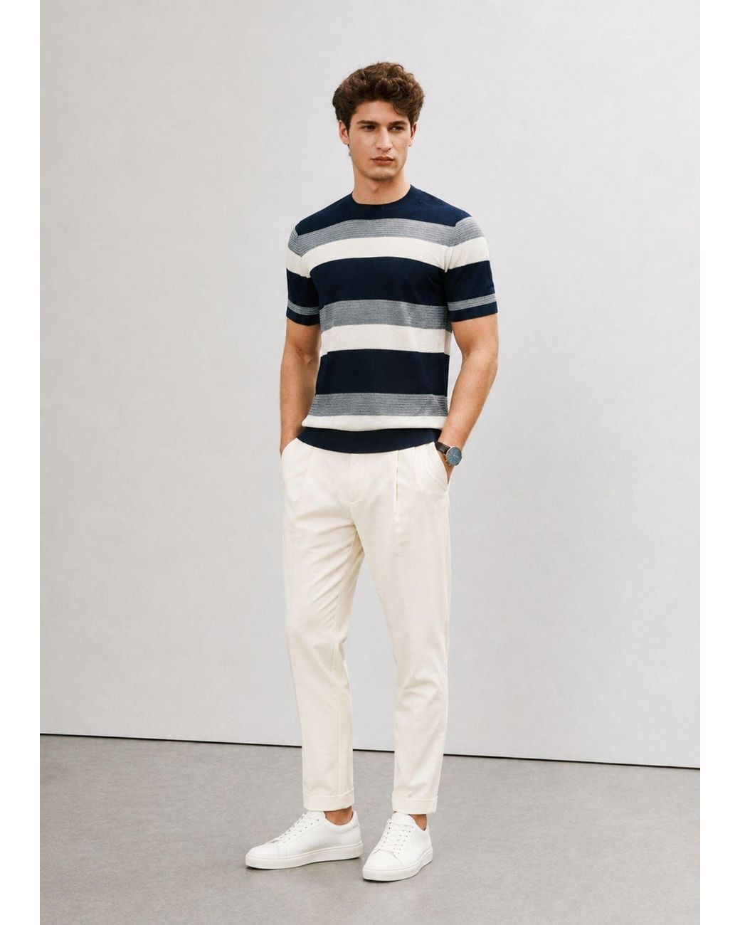 Vayla Blue Neutrals & Short Sleeve Striped Knitted Top for men