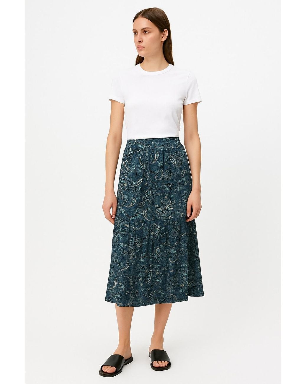 Conquista Blue Printed Viscose Midi Skirt With Tiered Hem