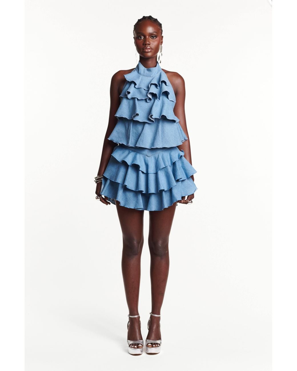 Ofuure Blue Light Denim Fara Ruffle Top