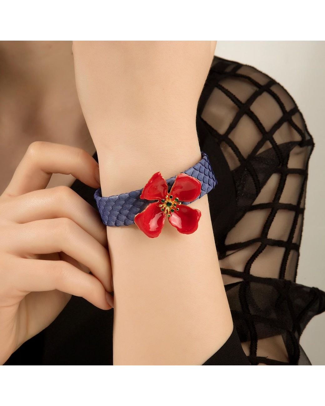 Milou Jewelry Red Hibiscus Flower Adjustable Leather Cuff Bracelet