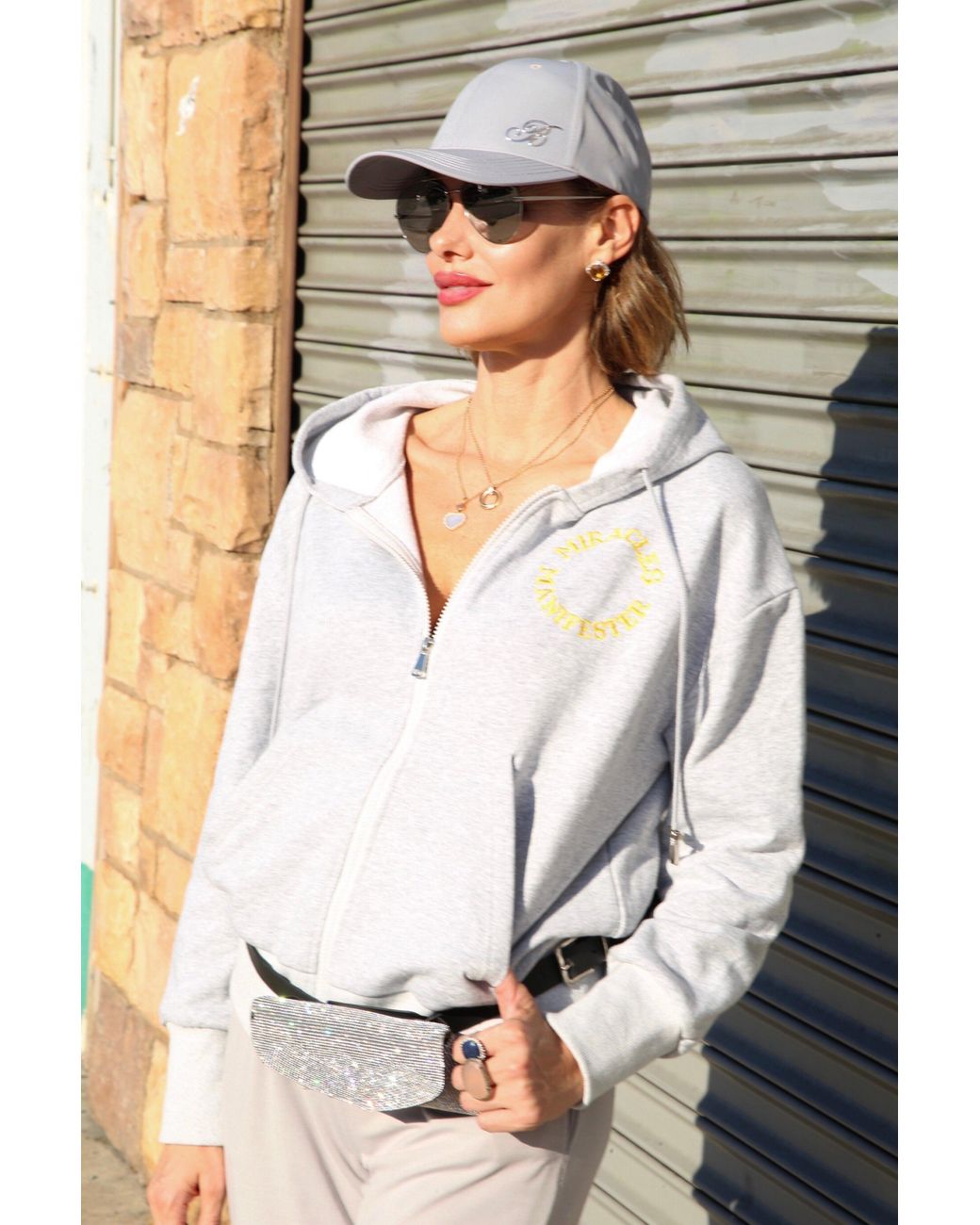 Miracles Manifester Gray Embroidered Zip Hoodie