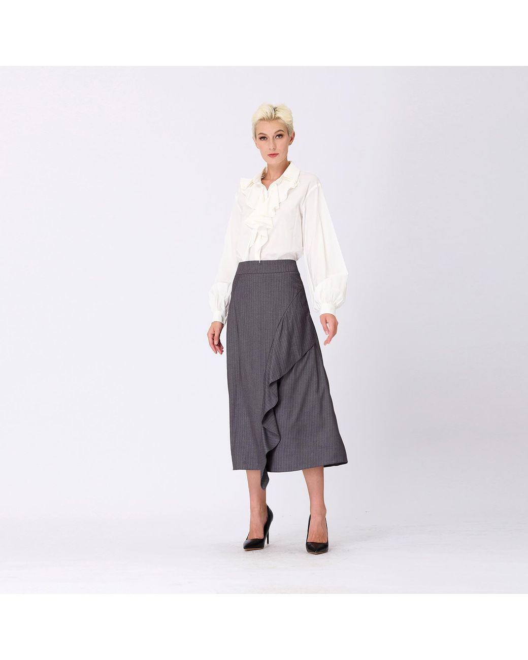 Smart and Joy Gray Asymmetric Ruffle Flared Midi Skirt
