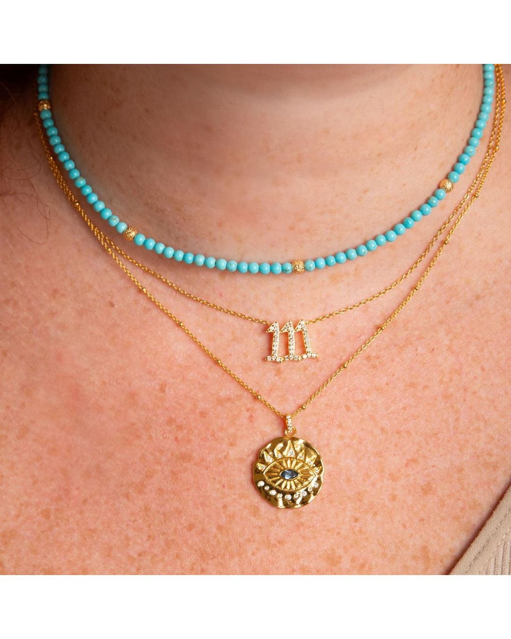 Seven Saints Metallic Evil Eye Protection Necklace, Topaz, Plated