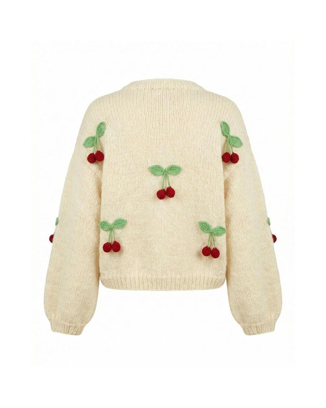 Ana Chic Green Neutrals Cherry Motif Handmade Knitted Cardigan