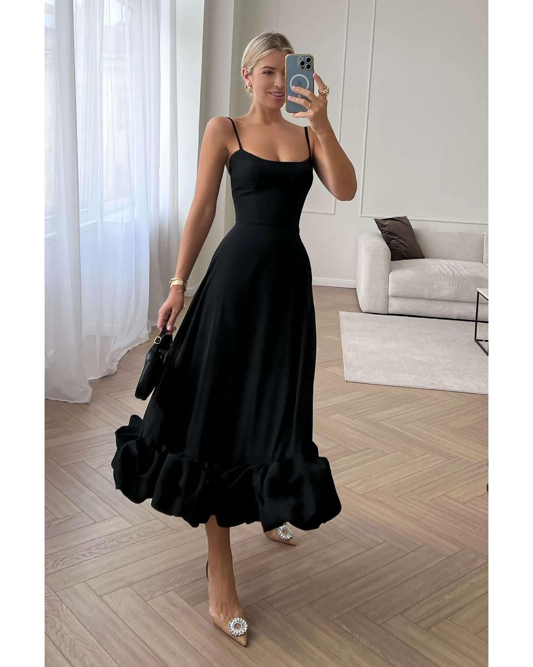 POST MERIDIEM Black Flounce Bustier Midi Dress