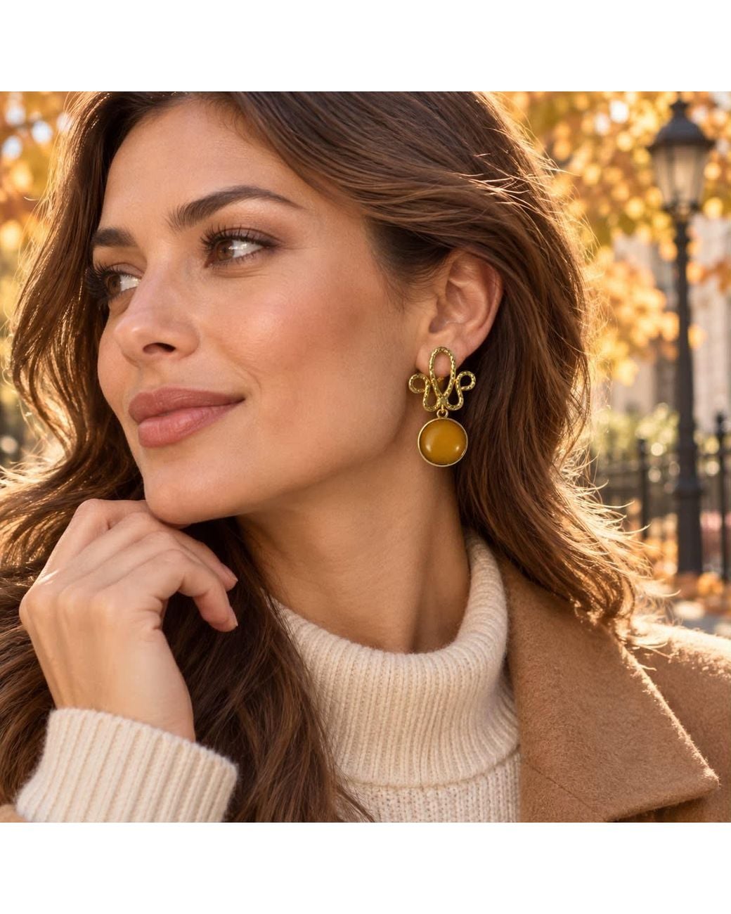 By Ozge Metallic Golden Spirit Mustard Natural Stone Sculptural Brass Drop Earrings
