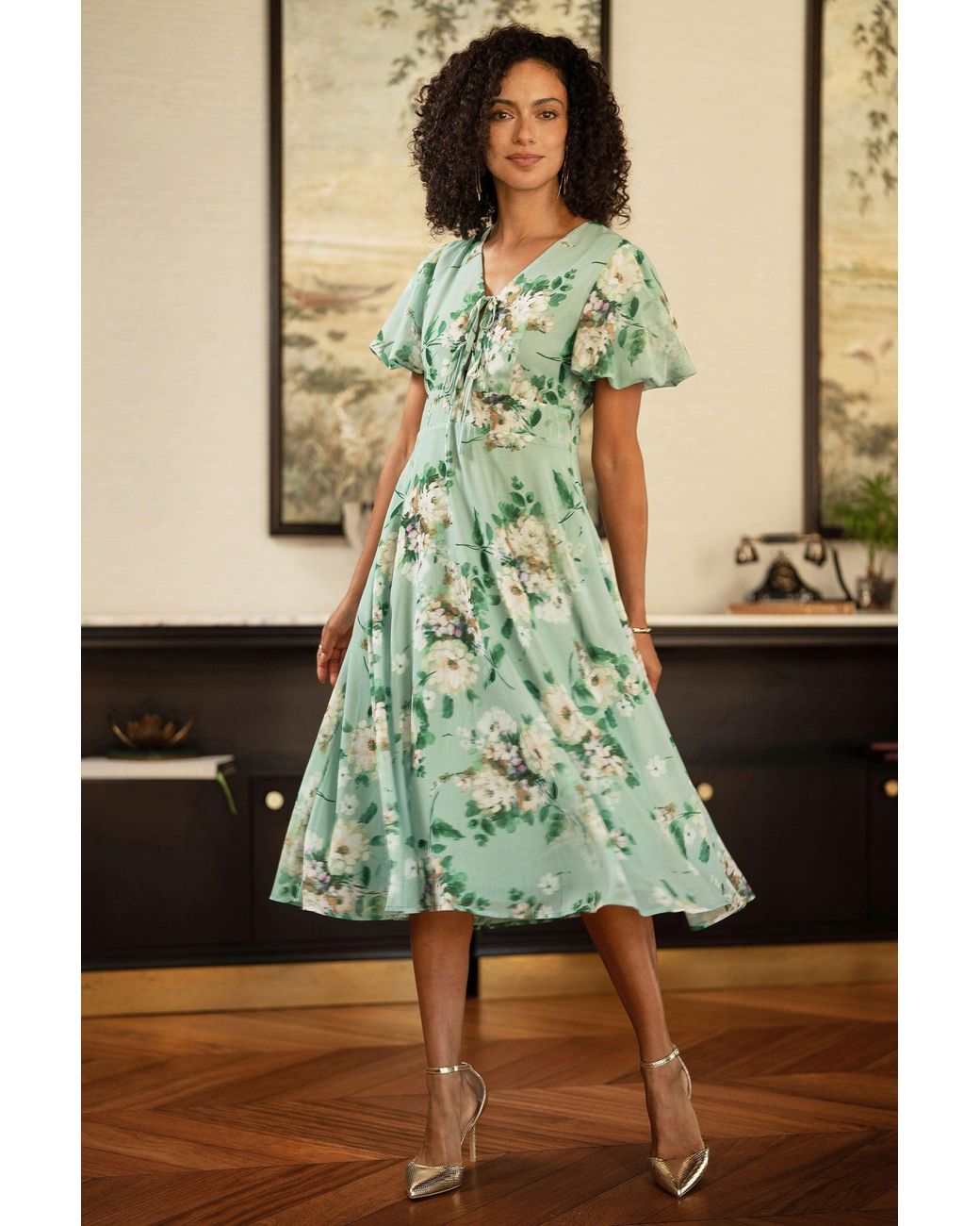 Yumi' Green Mint Floral Tea Dress With Front Ties