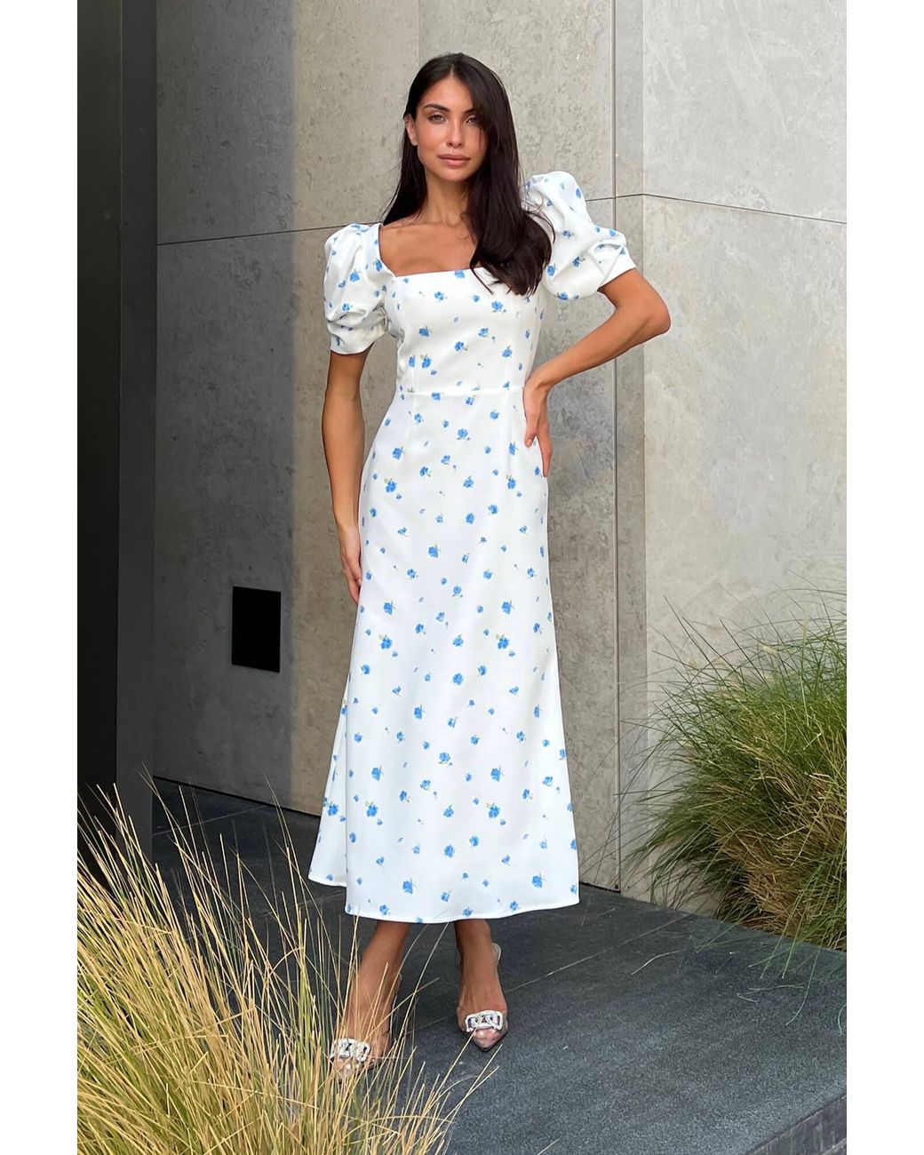 POST MERIDIEM White Godet Silhouette Square Neck Midi Dress