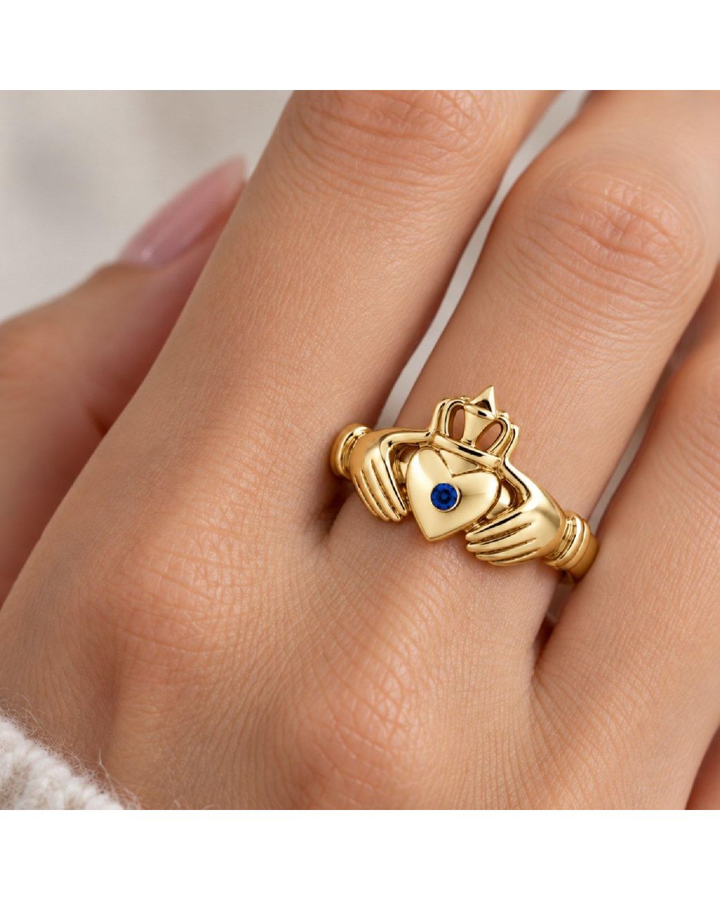 Unaloe Metallic Sapphire Heart With Hands Ring – -Plated Sterling