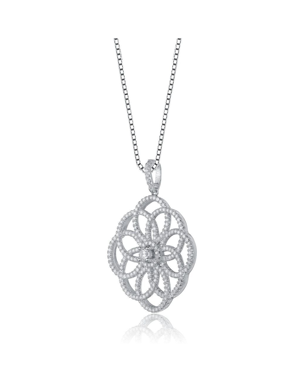 Genevive Jewelry Metallic Sterling Cubic Zirconia Intricate Flower Pendant