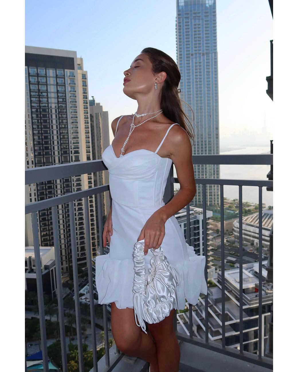 POST MERIDIEM White Draped Ruffle Mini Bustier Dress