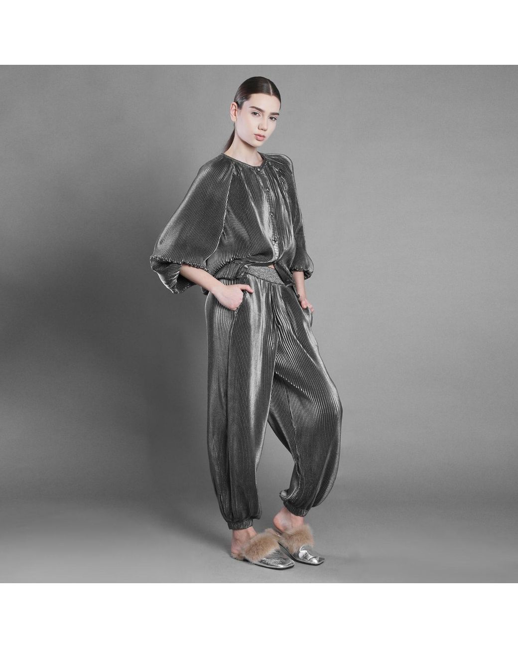 Silvia Serban Black Pleated Voile Bomber